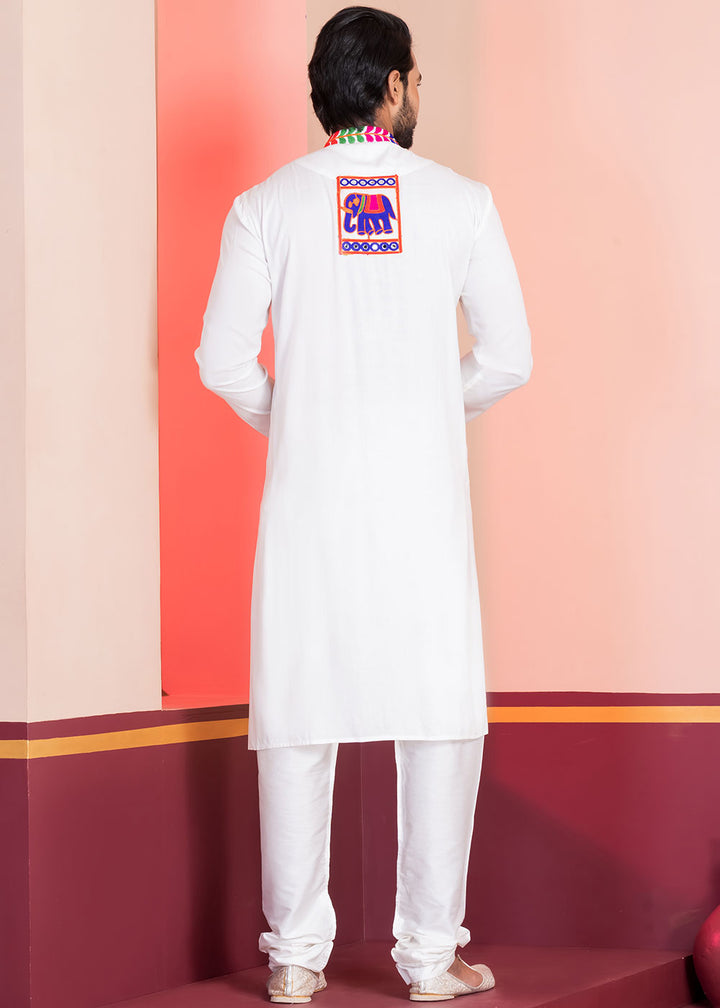 Pure White Rayon Kurta Pajama with Textured Lace Embroidery