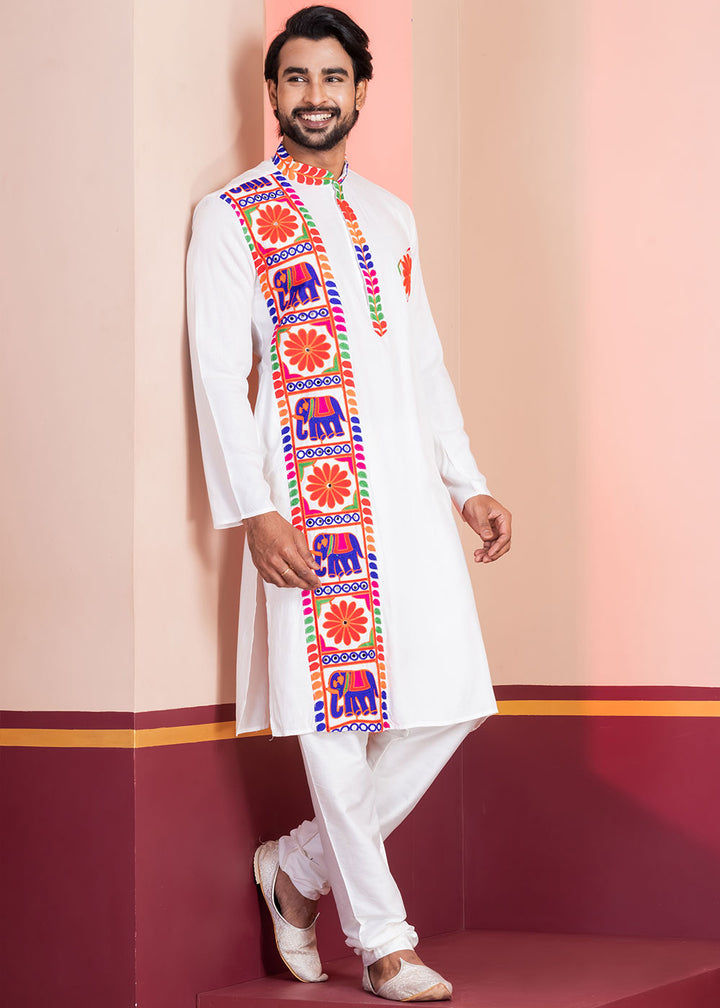 Pure White Rayon Kurta Pajama with Textured Lace Embroidery