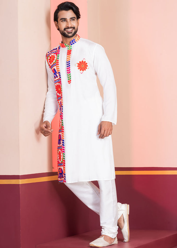 Pure White Rayon Kurta Pajama with Textured Lace Embroidery