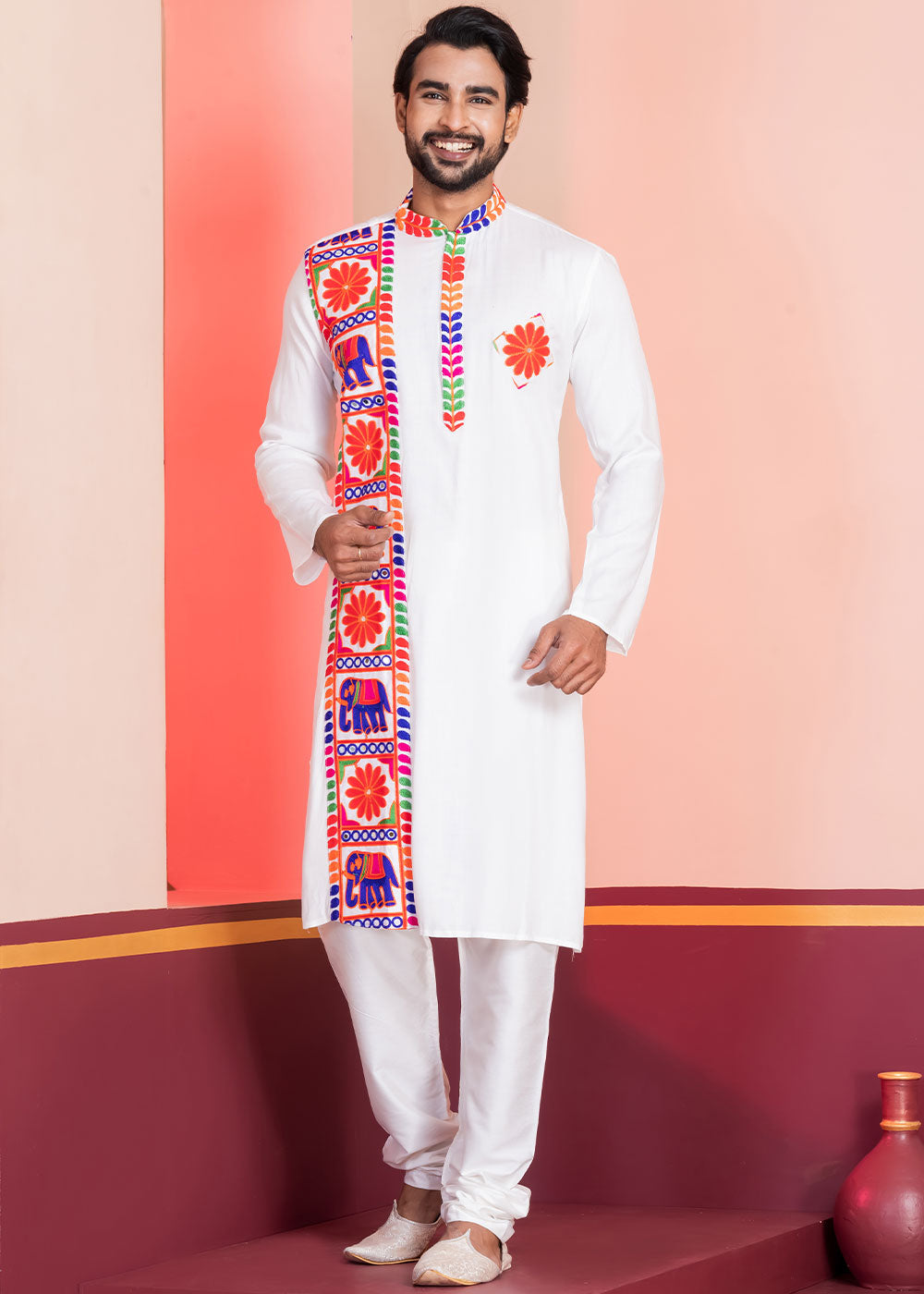 Pure White Rayon Kurta Pajama with Textured Lace Embroidery