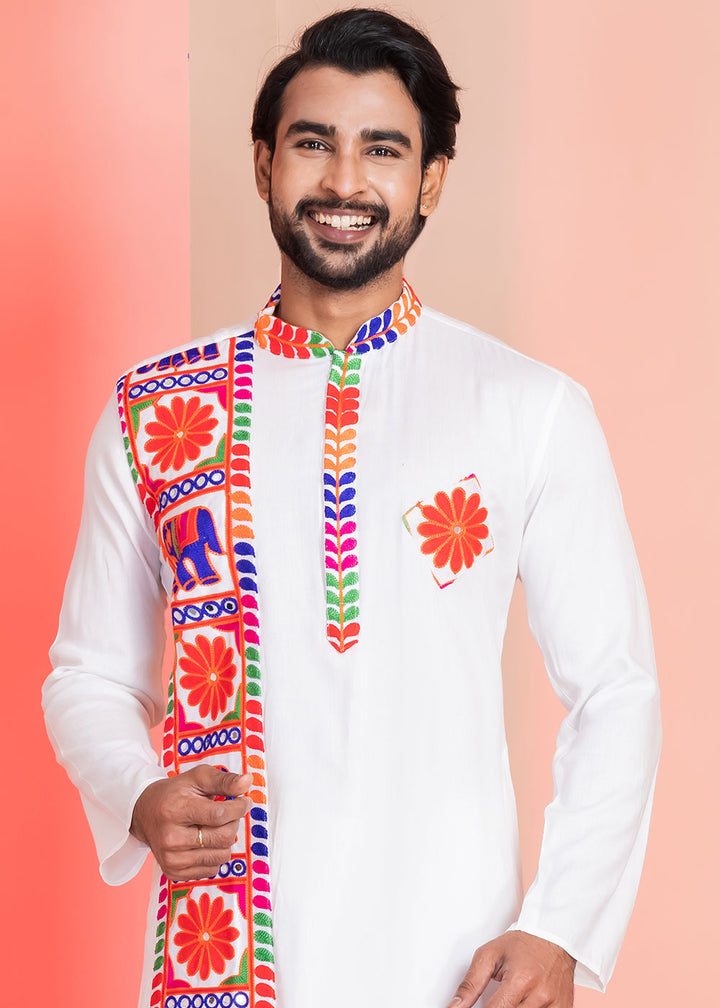 Pure White Rayon Kurta Pajama with Textured Lace Embroidery