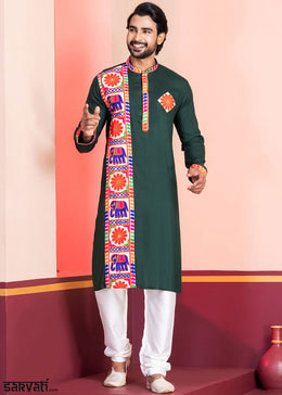 Brunswick Green Rayon Kurta Pajama with Textured Lace Embroidery