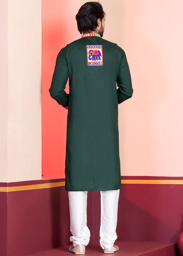 Brunswick Green Rayon Kurta Pajama with Textured Lace Embroidery
