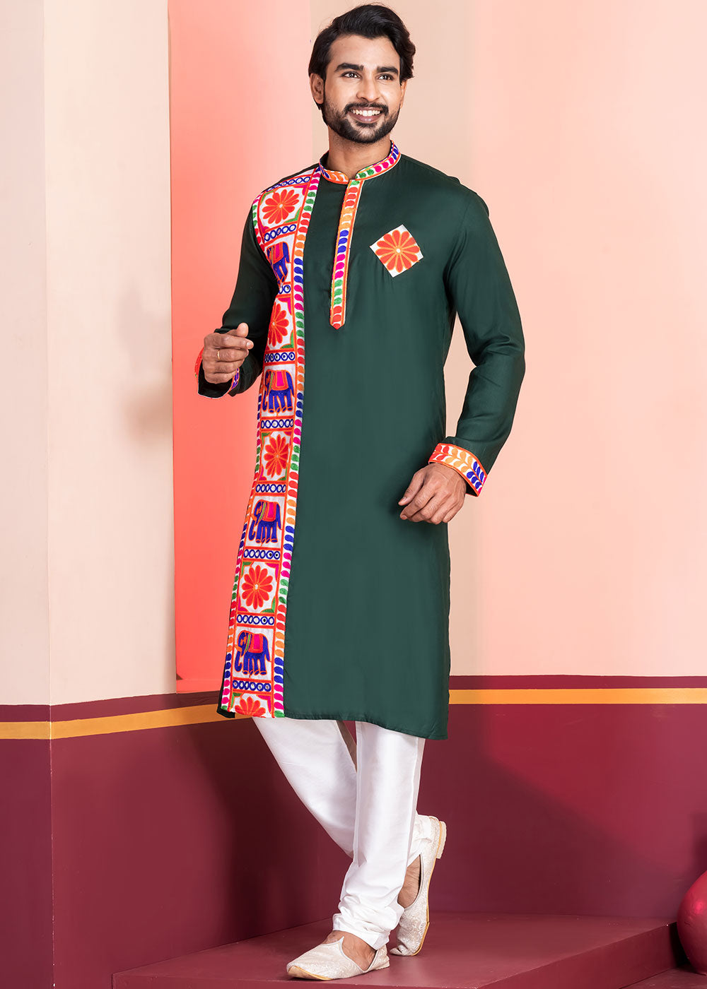 Brunswick Green Rayon Kurta Pajama with Textured Lace Embroidery