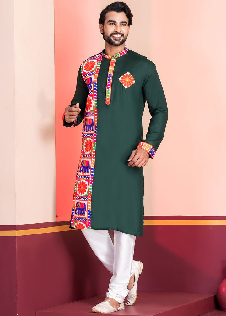 Brunswick Green Rayon Kurta Pajama with Textured Lace Embroidery