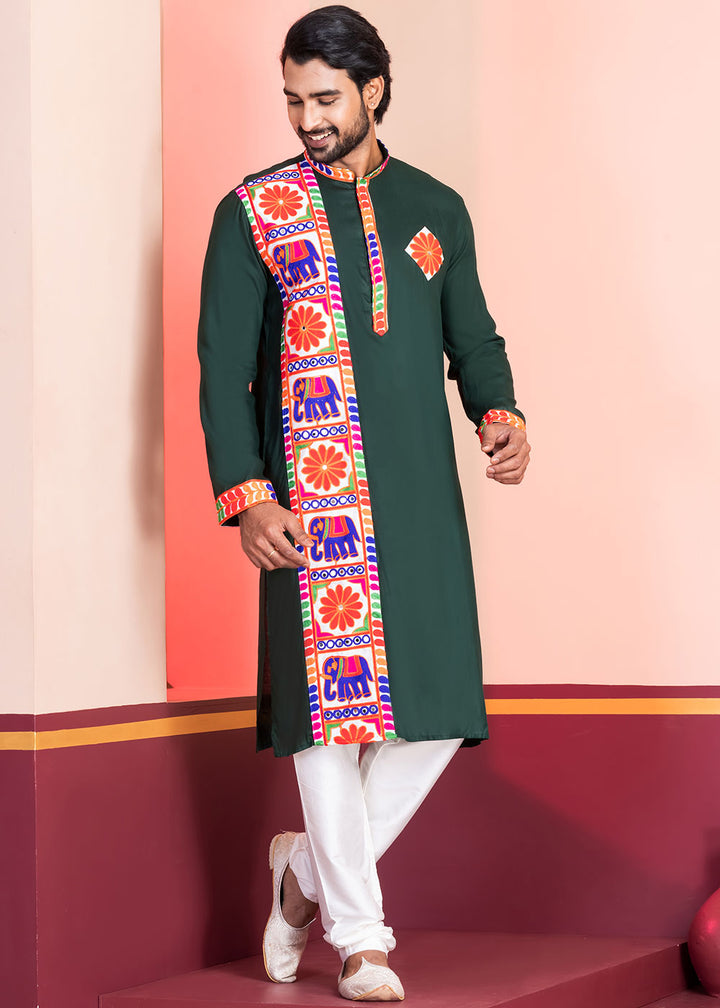 Brunswick Green Rayon Kurta Pajama with Textured Lace Embroidery