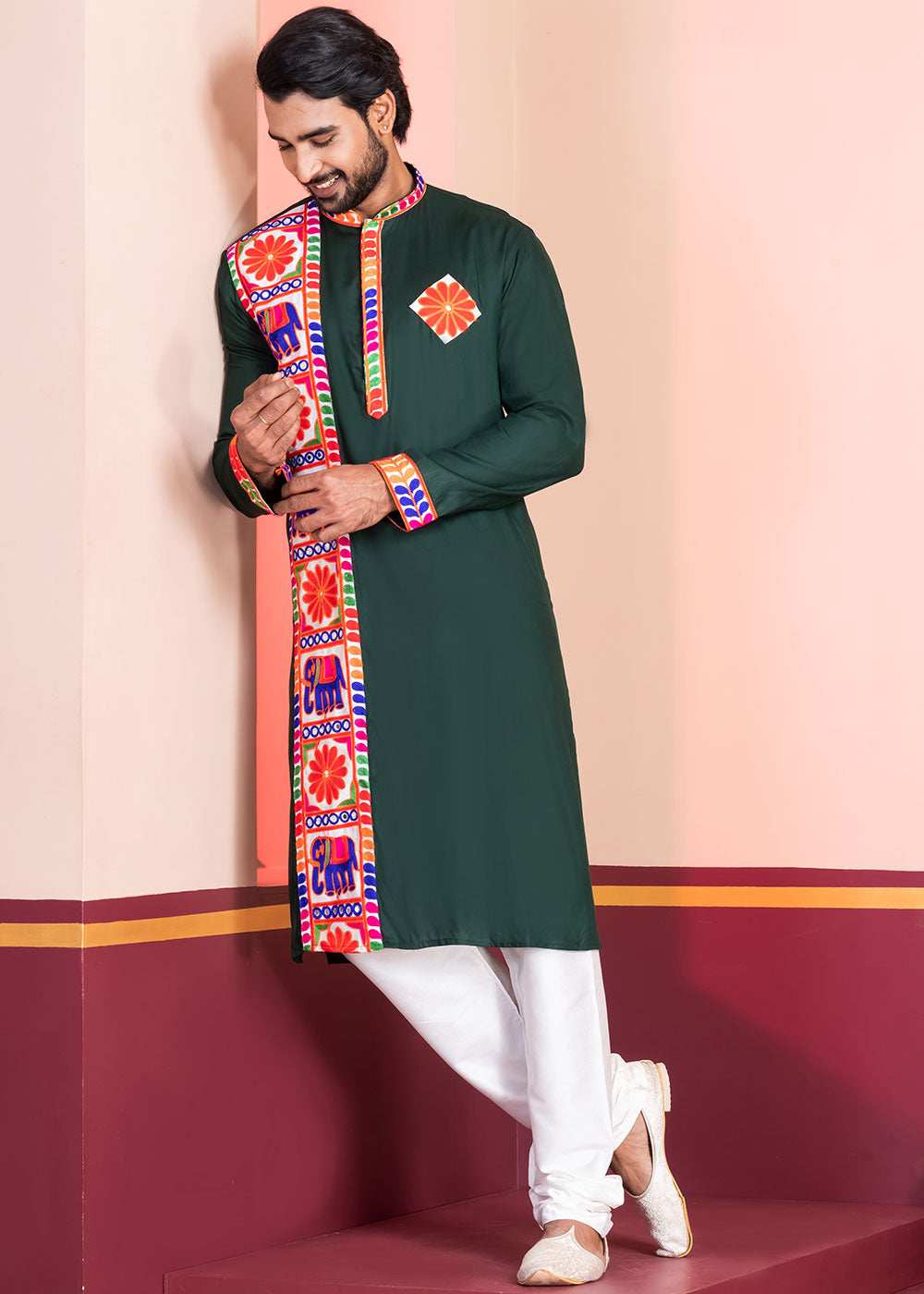 Brunswick Green Rayon Kurta Pajama with Textured Lace Embroidery