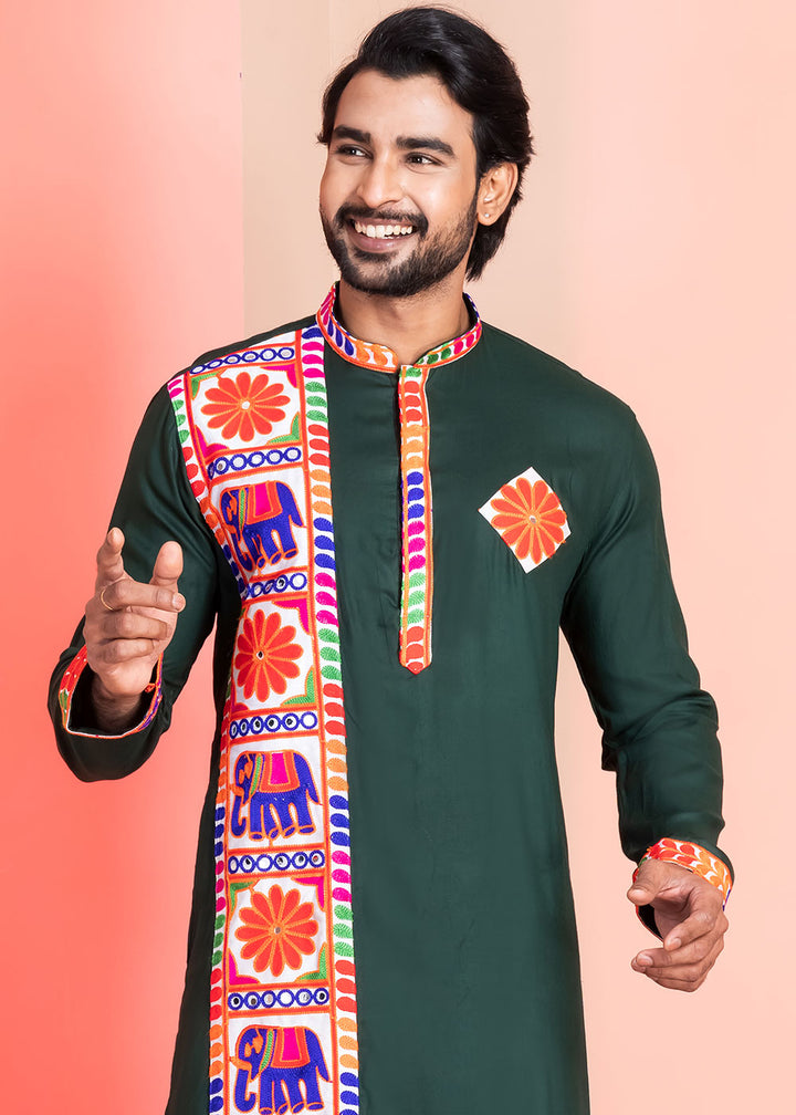 Brunswick Green Rayon Kurta Pajama with Textured Lace Embroidery