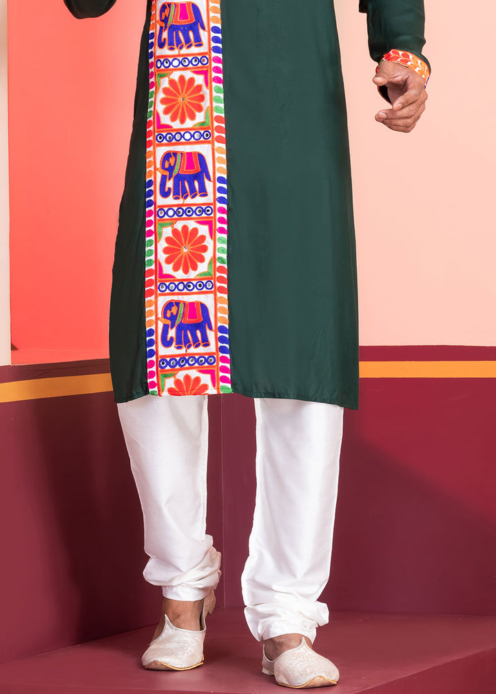 Brunswick Green Rayon Kurta Pajama with Textured Lace Embroidery