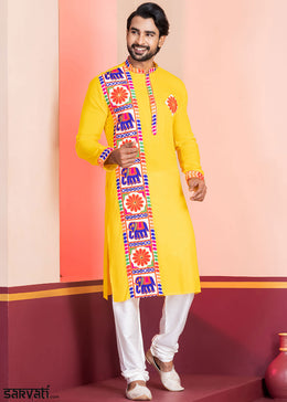 Golden Yellow Rayon Kurta Pajama with Textured Lace Embroidery