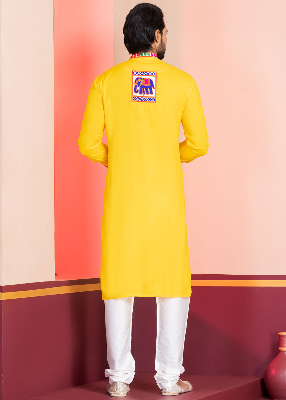 Golden Yellow Rayon Kurta Pajama with Textured Lace Embroidery