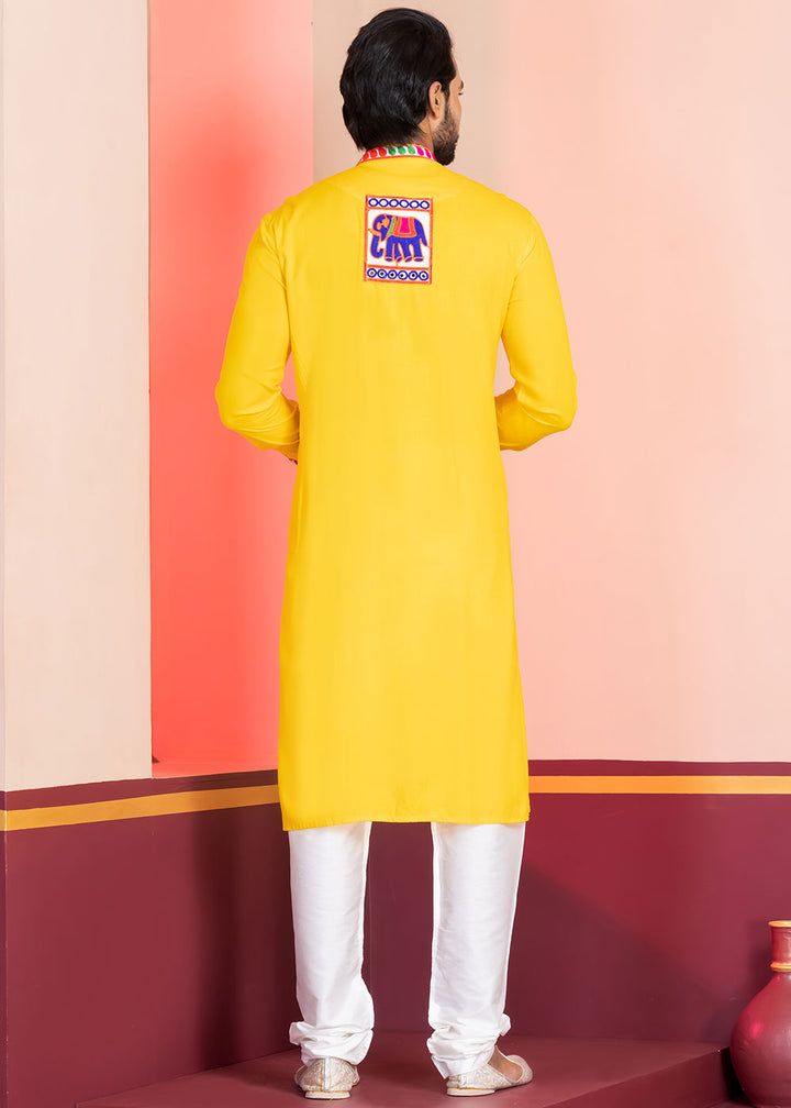 Golden Yellow Rayon Kurta Pajama with Textured Lace Embroidery
