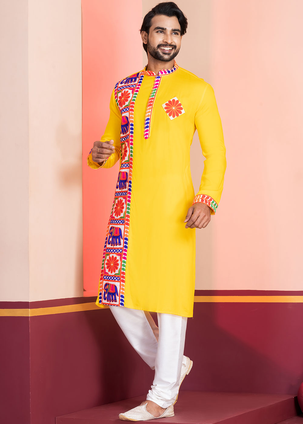 Golden Yellow Rayon Kurta Pajama with Textured Lace Embroidery