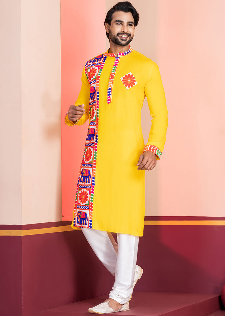 Golden Yellow Rayon Kurta Pajama with Textured Lace Embroidery