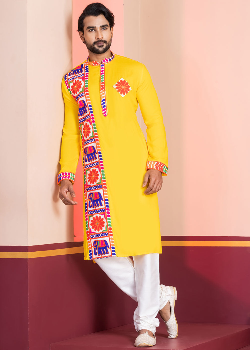 Golden Yellow Rayon Kurta Pajama with Textured Lace Embroidery