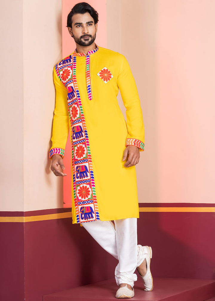 Golden Yellow Rayon Kurta Pajama with Textured Lace Embroidery