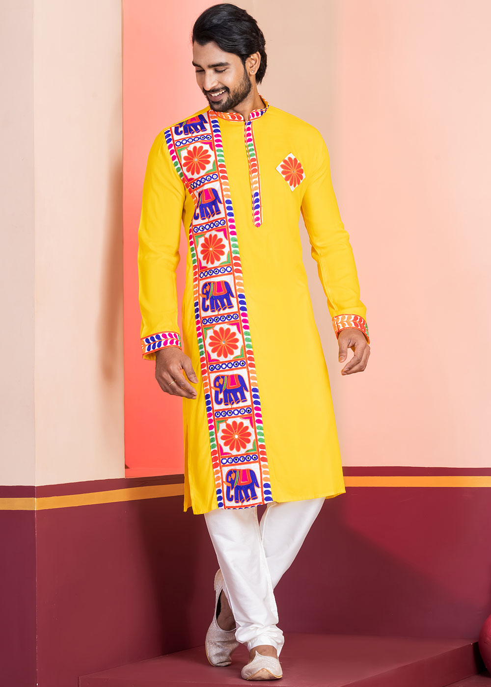 Golden Yellow Rayon Kurta Pajama with Textured Lace Embroidery