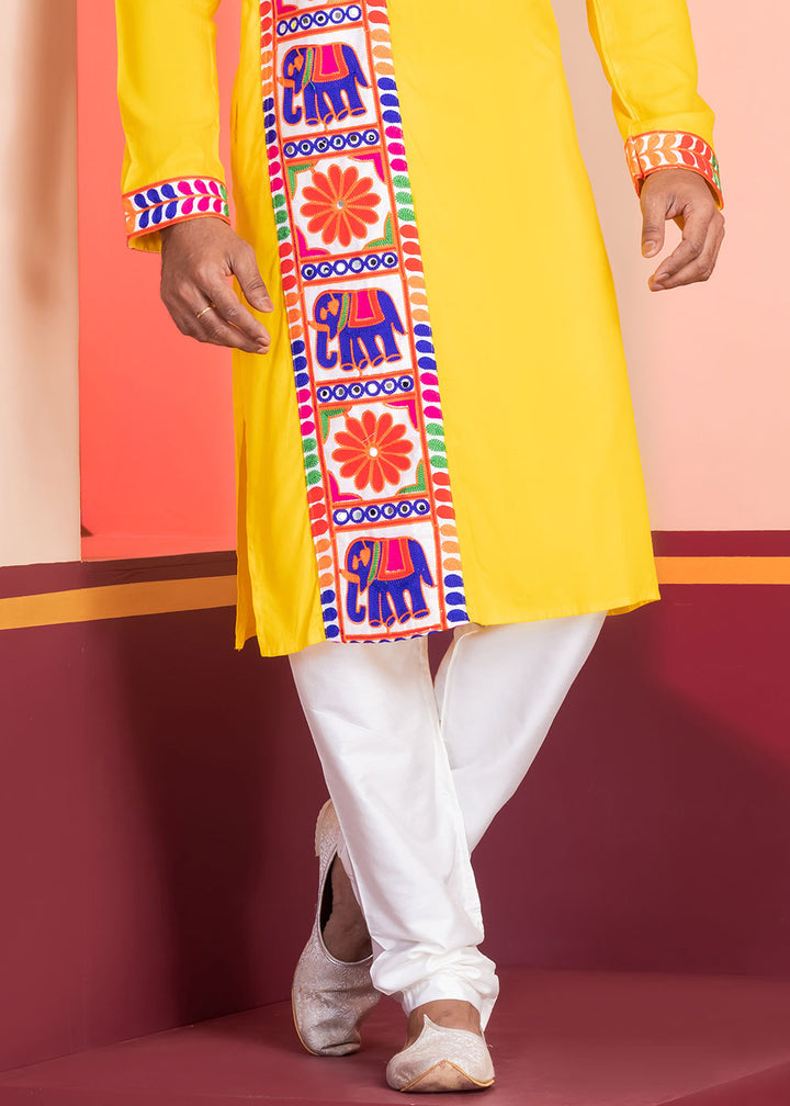 Golden Yellow Rayon Kurta Pajama with Textured Lace Embroidery