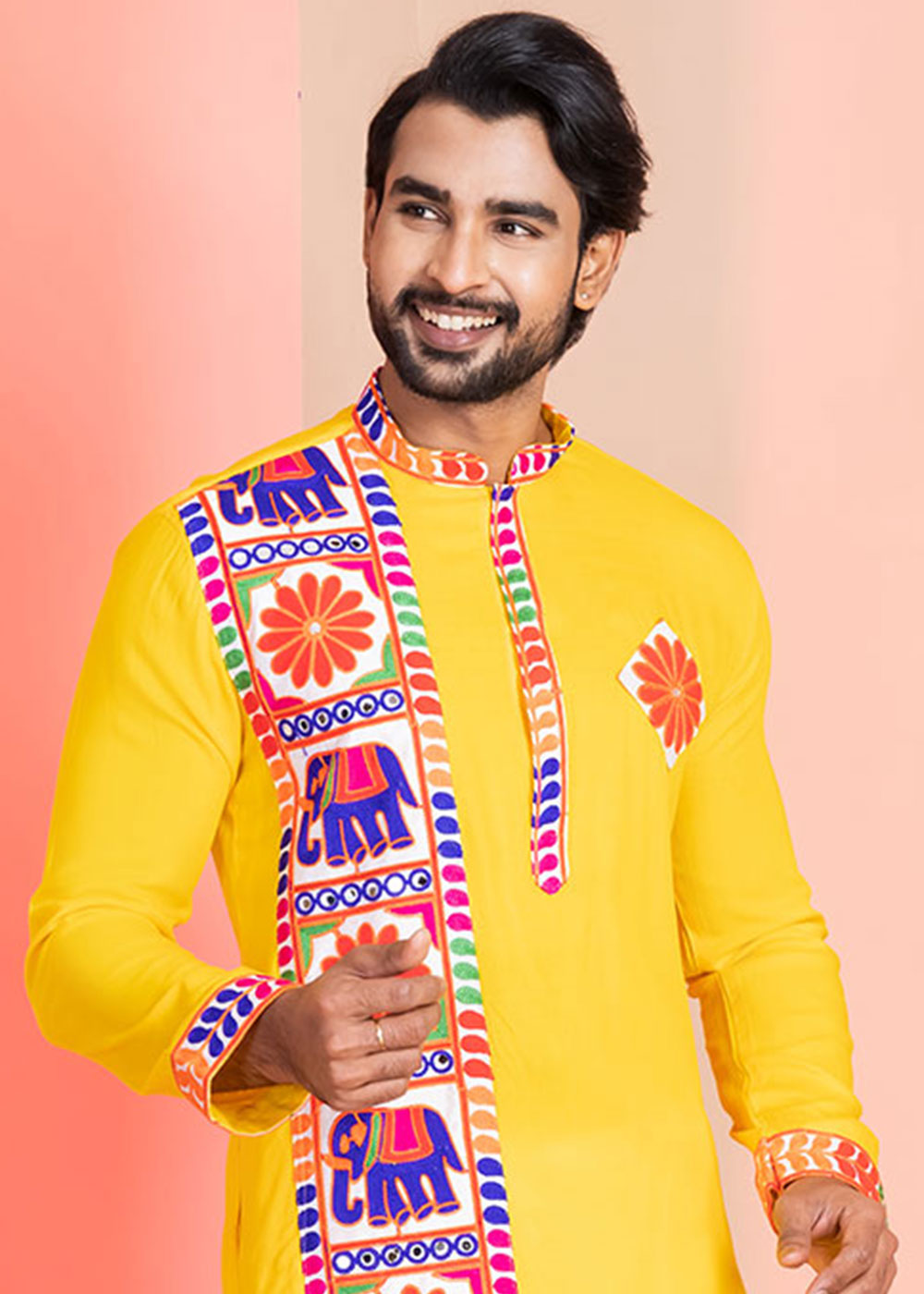 Golden Yellow Rayon Kurta Pajama with Textured Lace Embroidery