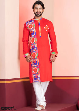 Scarlet Red Rayon Kurta Pajama with Textured Lace Embroidery