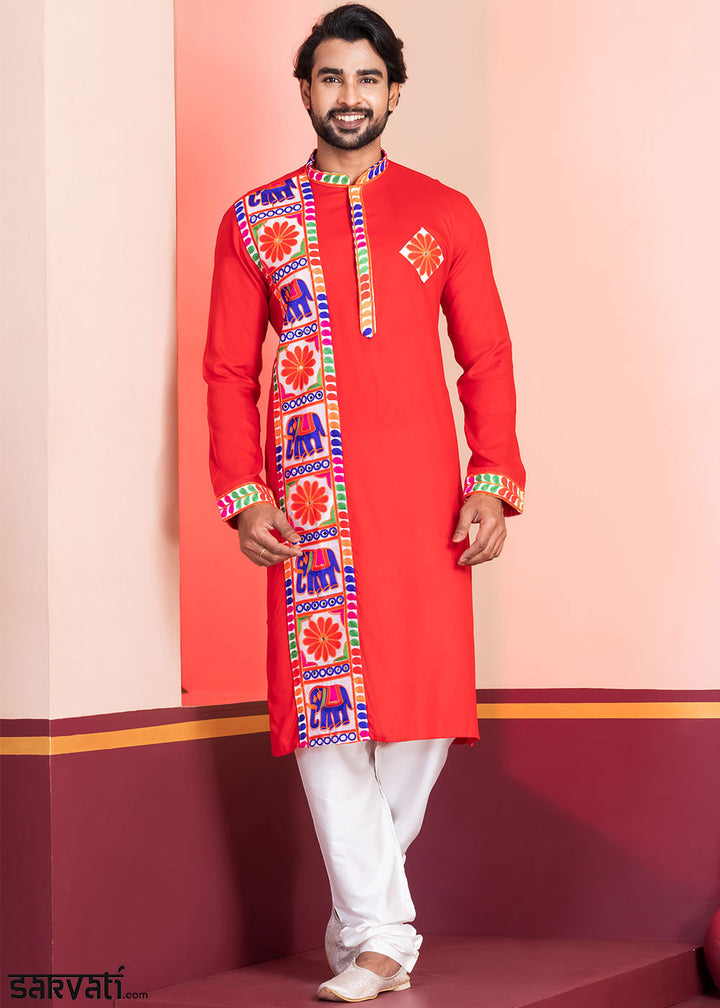 Scarlet Red Rayon Kurta Pajama with Textured Lace Embroidery