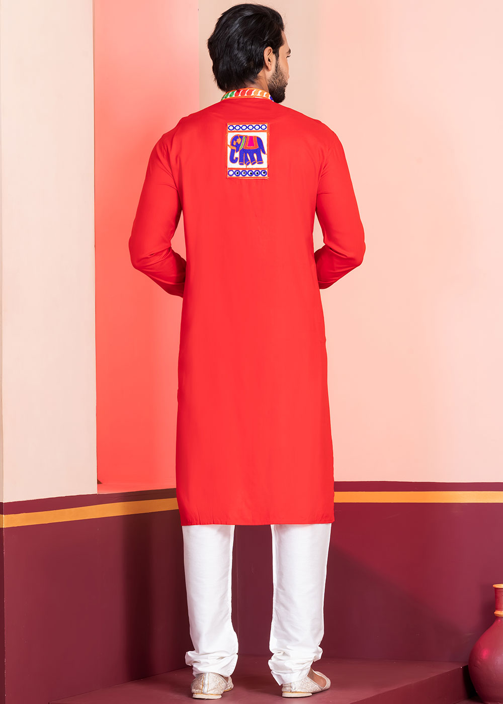 Scarlet Red Rayon Kurta Pajama with Textured Lace Embroidery