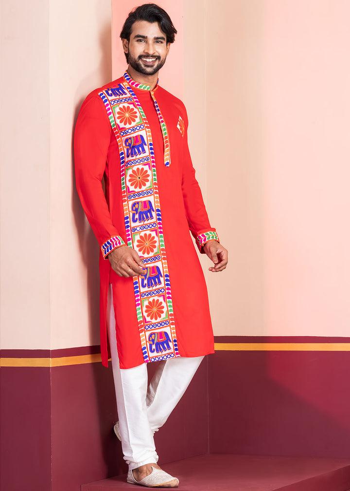 Scarlet Red Rayon Kurta Pajama with Textured Lace Embroidery