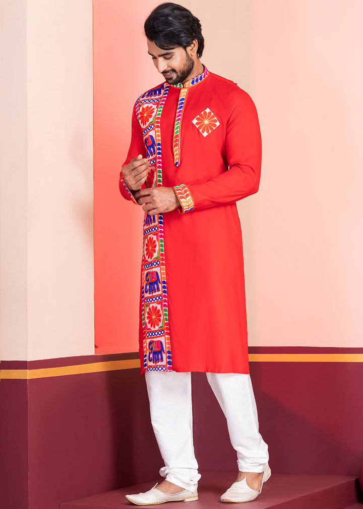 Scarlet Red Rayon Kurta Pajama with Textured Lace Embroidery