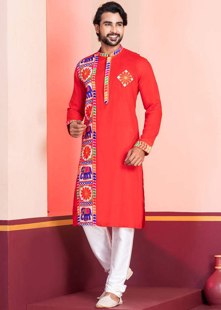 Scarlet Red Rayon Kurta Pajama with Textured Lace Embroidery