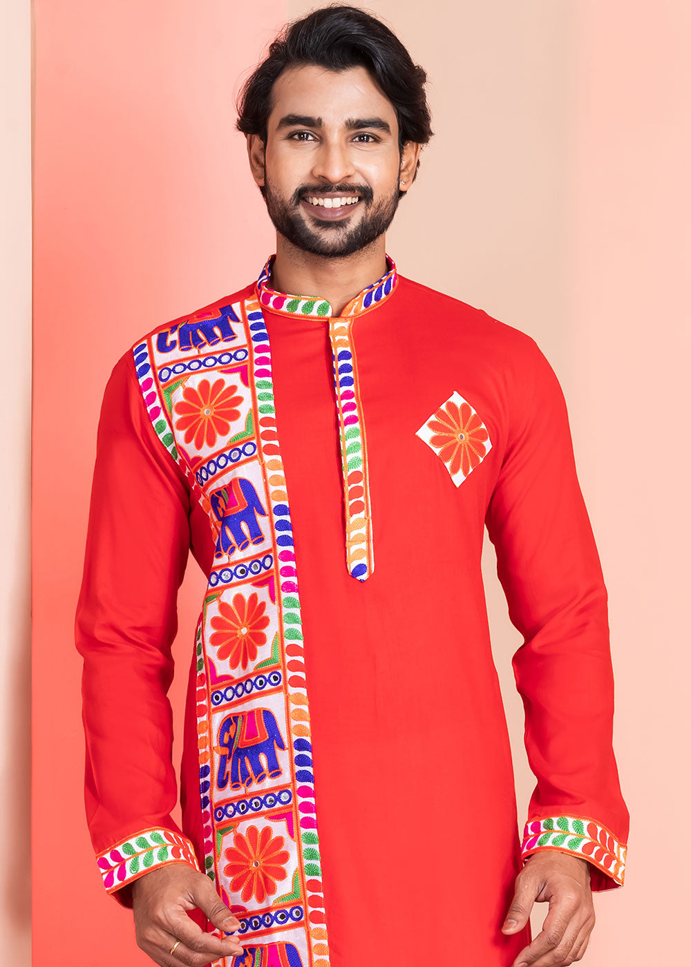 Scarlet Red Rayon Kurta Pajama with Textured Lace Embroidery