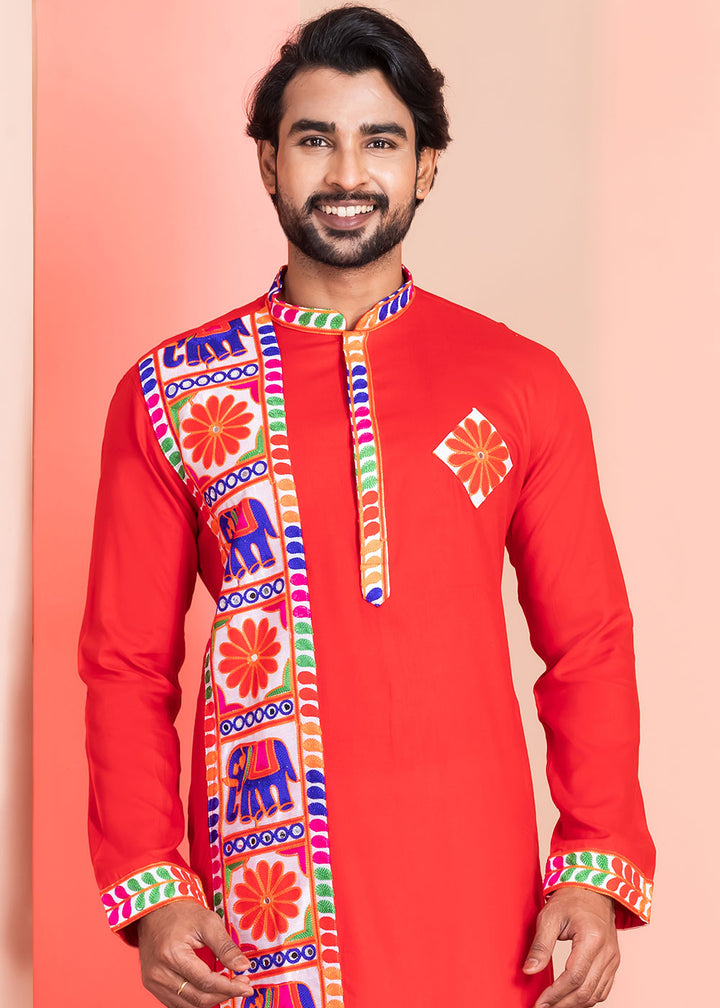 Scarlet Red Rayon Kurta Pajama with Textured Lace Embroidery