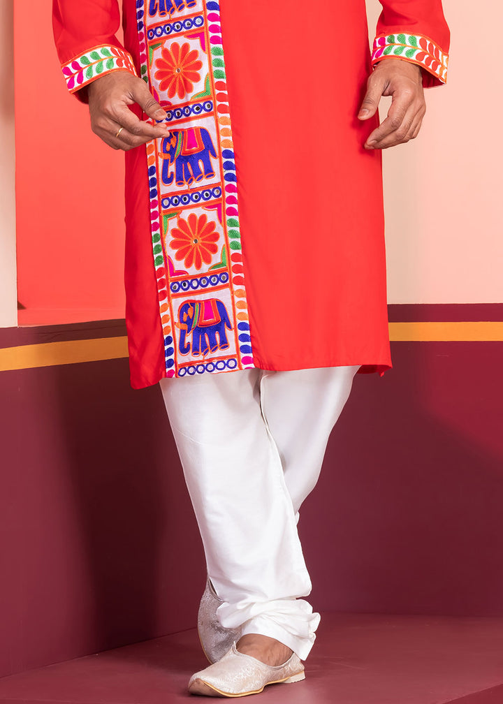 Scarlet Red Rayon Kurta Pajama with Textured Lace Embroidery