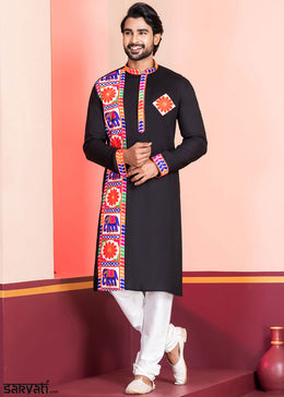 Slate Black Rayon Kurta Pajama with Textured Lace Embroidery