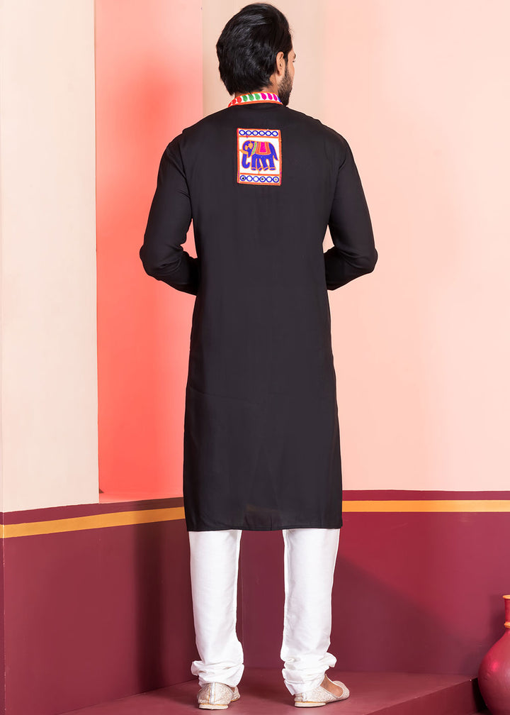 Slate Black Rayon Kurta Pajama with Textured Lace Embroidery