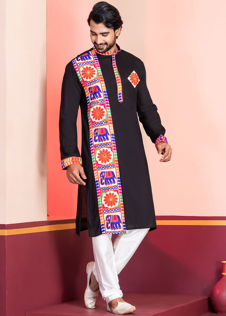 Slate Black Rayon Kurta Pajama with Textured Lace Embroidery