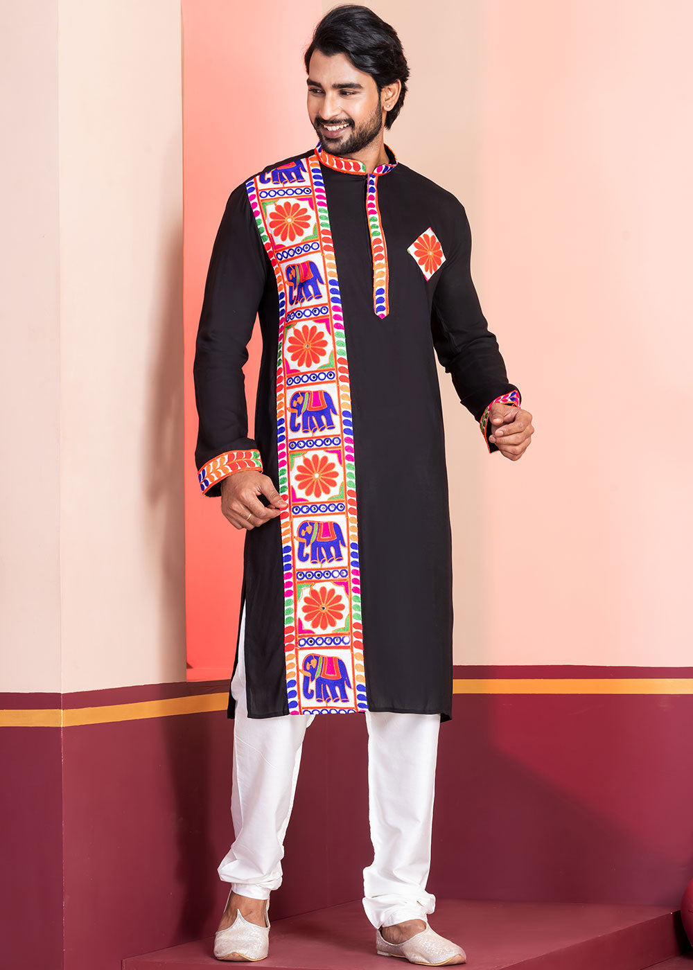 Slate Black Rayon Kurta Pajama with Textured Lace Embroidery