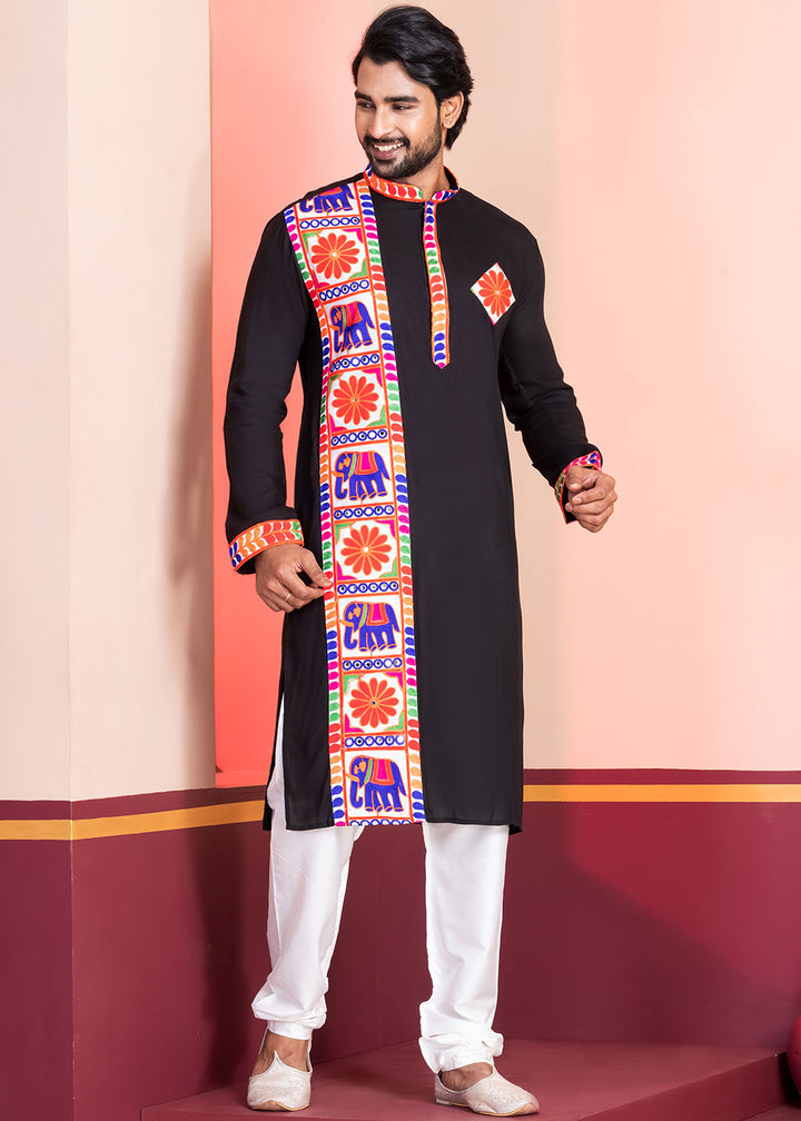 Slate Black Rayon Kurta Pajama with Textured Lace Embroidery