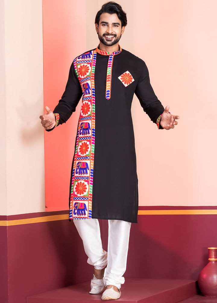 Slate Black Rayon Kurta Pajama with Textured Lace Embroidery