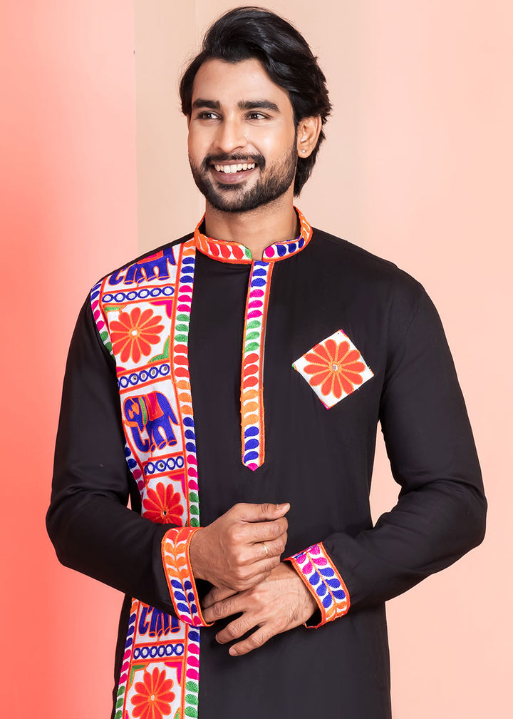Slate Black Rayon Kurta Pajama with Textured Lace Embroidery