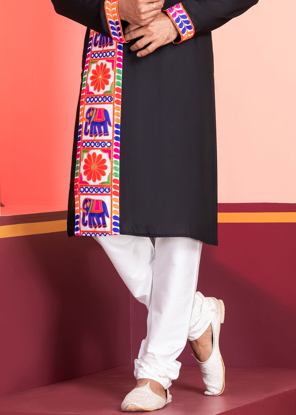 Slate Black Rayon Kurta Pajama with Textured Lace Embroidery