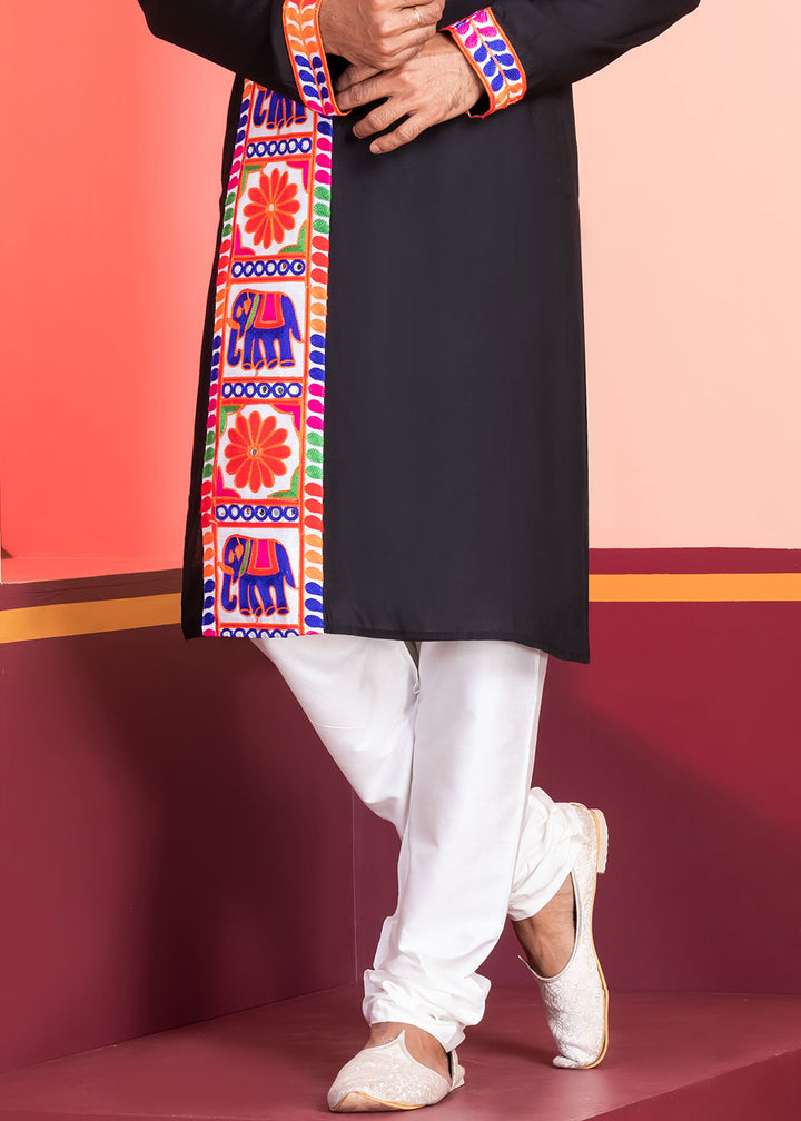 Slate Black Rayon Kurta Pajama with Textured Lace Embroidery