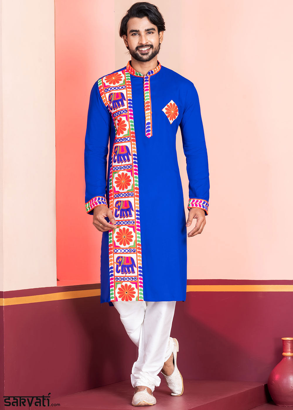 Medium Blue Rayon Kurta Pajama with Textured Lace Embroidery