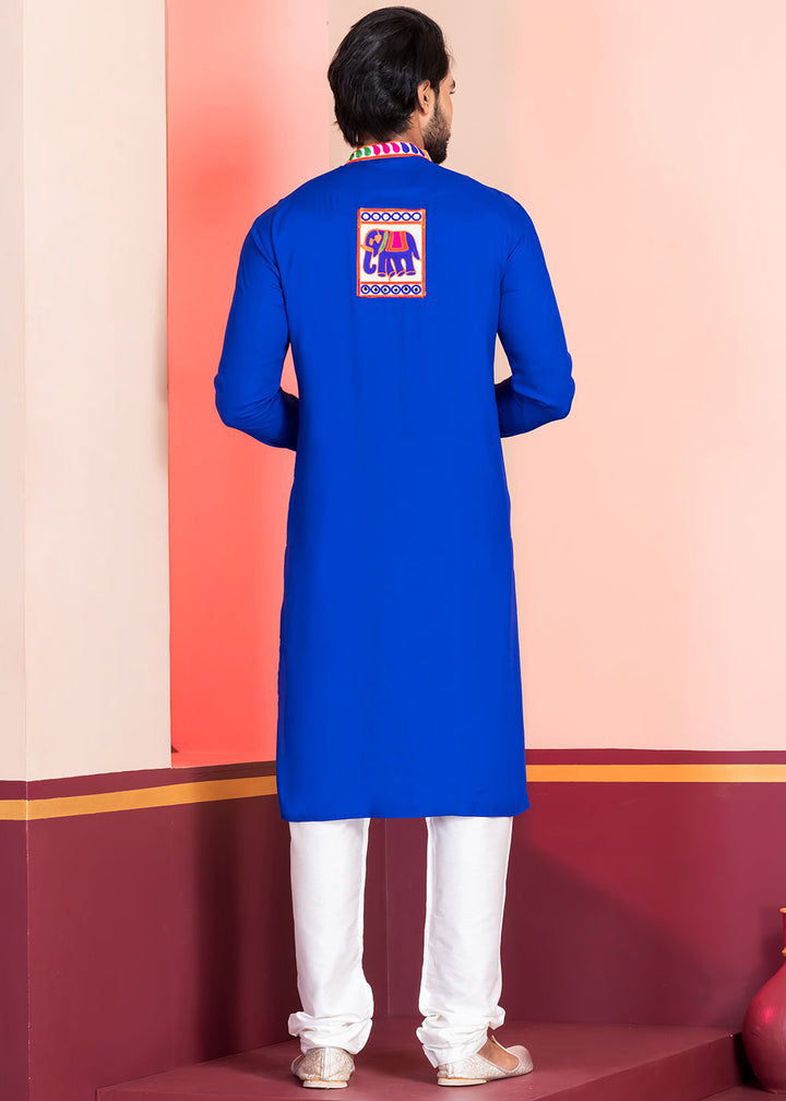 Medium Blue Rayon Kurta Pajama with Textured Lace Embroidery