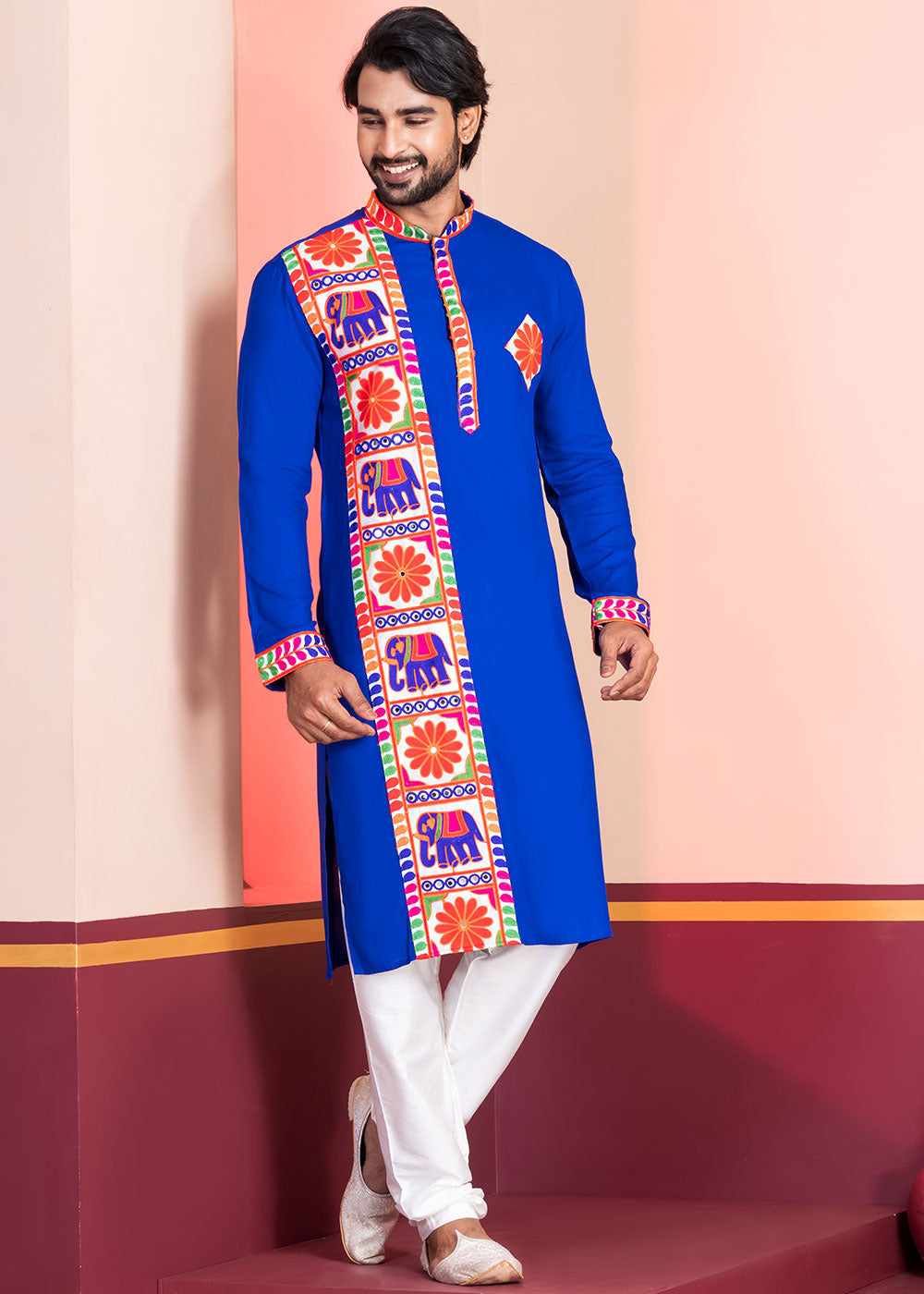 Medium Blue Rayon Kurta Pajama with Textured Lace Embroidery