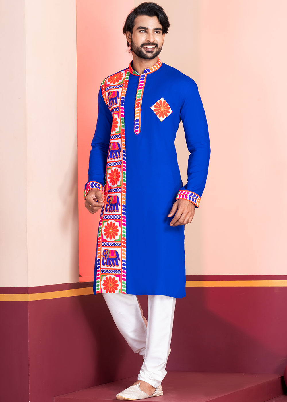 Medium Blue Rayon Kurta Pajama with Textured Lace Embroidery