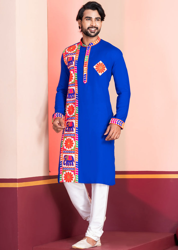 Medium Blue Rayon Kurta Pajama with Textured Lace Embroidery