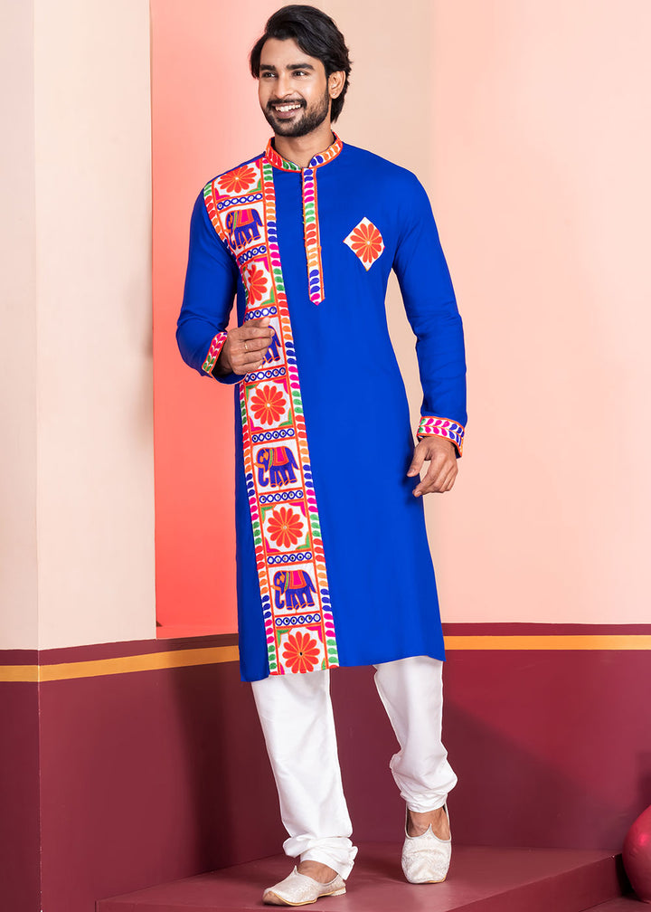 Medium Blue Rayon Kurta Pajama with Textured Lace Embroidery