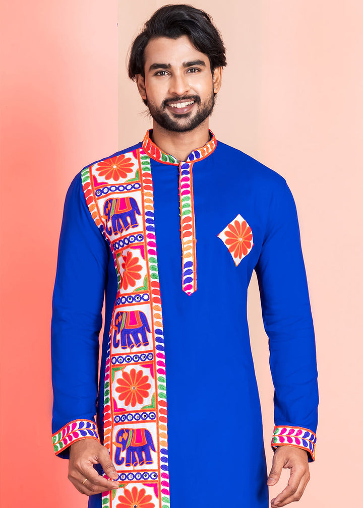 Medium Blue Rayon Kurta Pajama with Textured Lace Embroidery