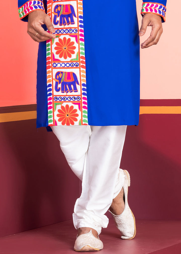 Medium Blue Rayon Kurta Pajama with Textured Lace Embroidery
