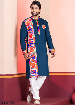 Midnight Blue Rayon Kurta Pajama with Textured Lace Embroidery